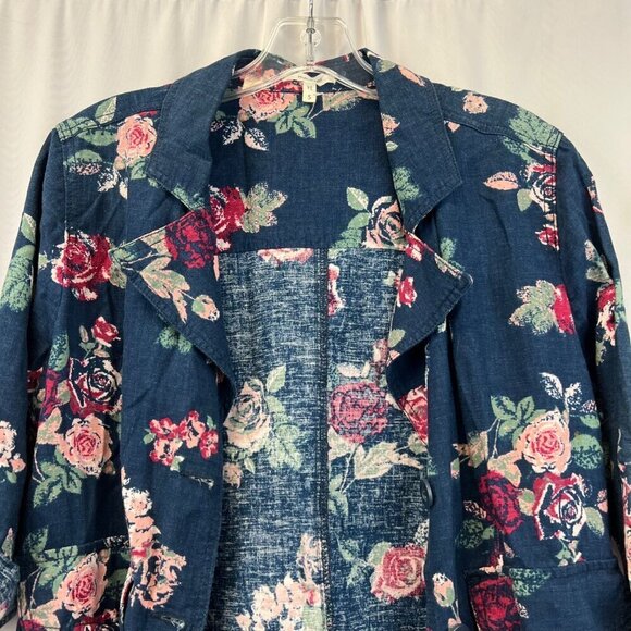 Maurices Lightweight Button Up Jacket Blue/Multi Floral 3/4 Roll Tab Sleeve S - Picture 2 of 9